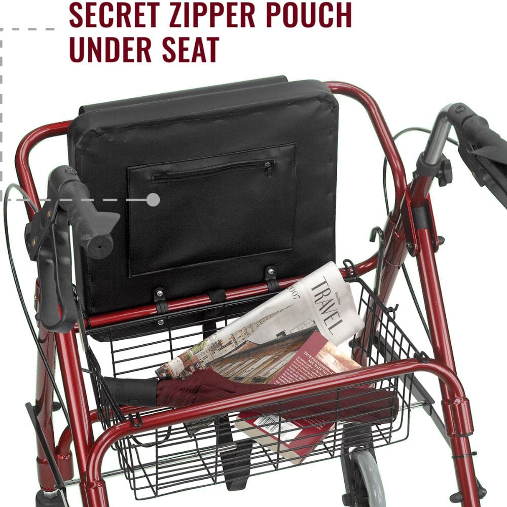 Red walker with a black bag and newspaper in the basket, labeled 'Secret Zipper Pouch Under Seat'.