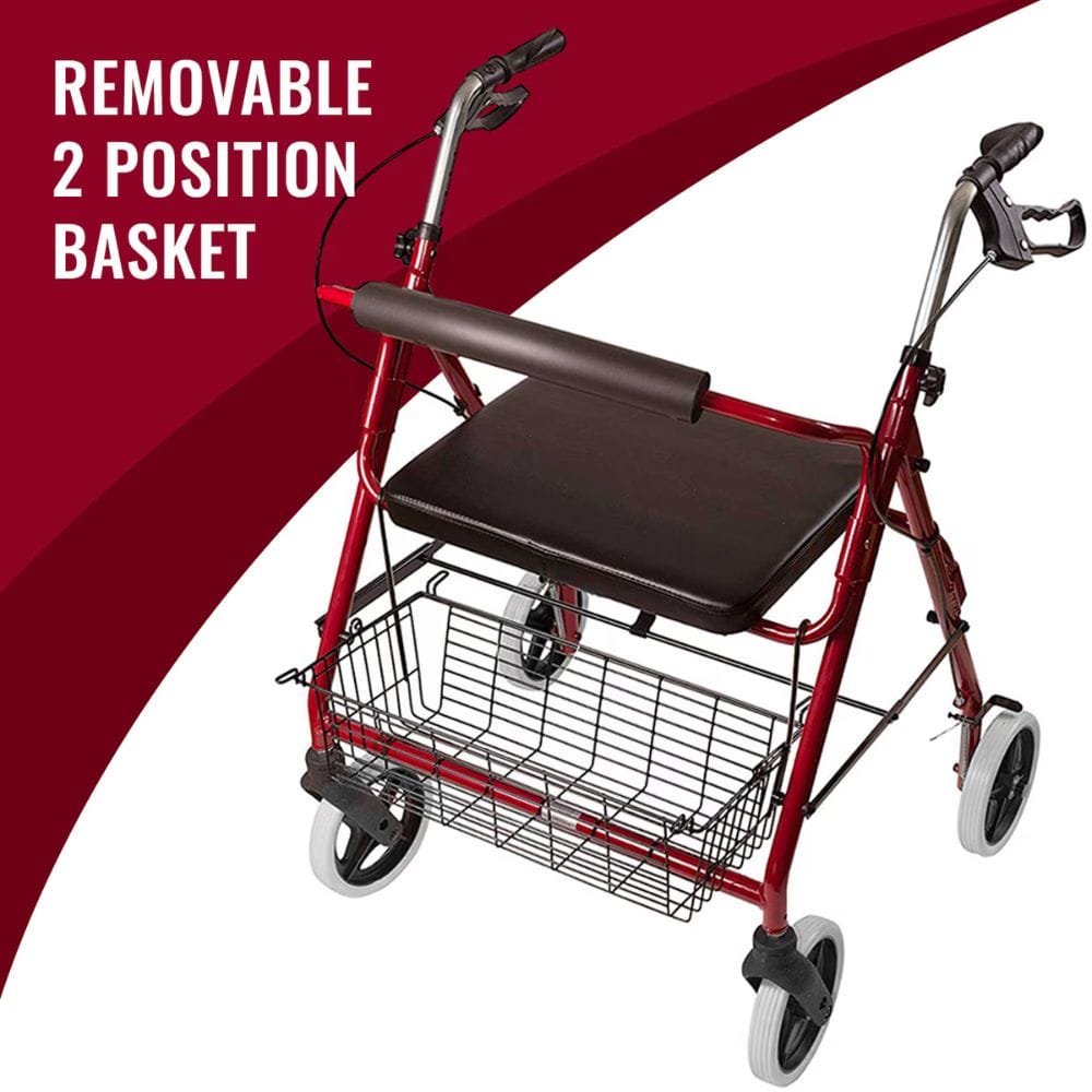 Red walker with a brown seat and basket on a white background