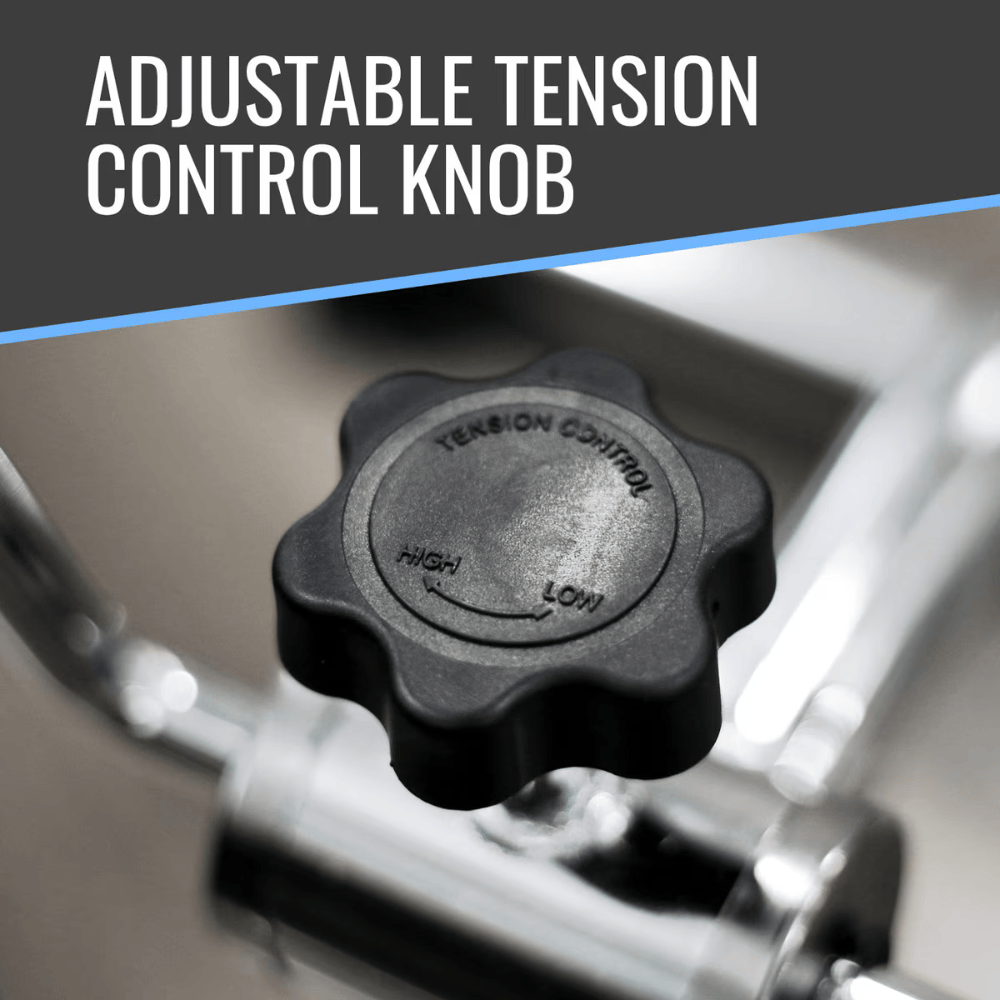 Black adjustable tension control knob on a metallic background with text 'Adjustable Tension Control Knob'.
