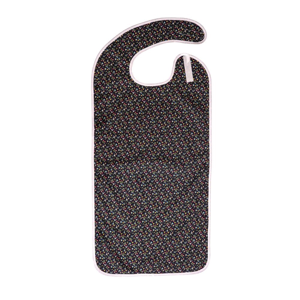 Black bib with colorful pattern on a white background
