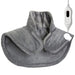 Gray neck and shoulder heating pad with a power cord on a white background