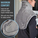 Person wearing a gray micro-fleece neck wrap with text highlighting comfort features.