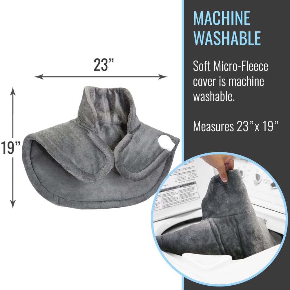 Gray micro-fleece cover with dimensions and machine washable feature on a white background