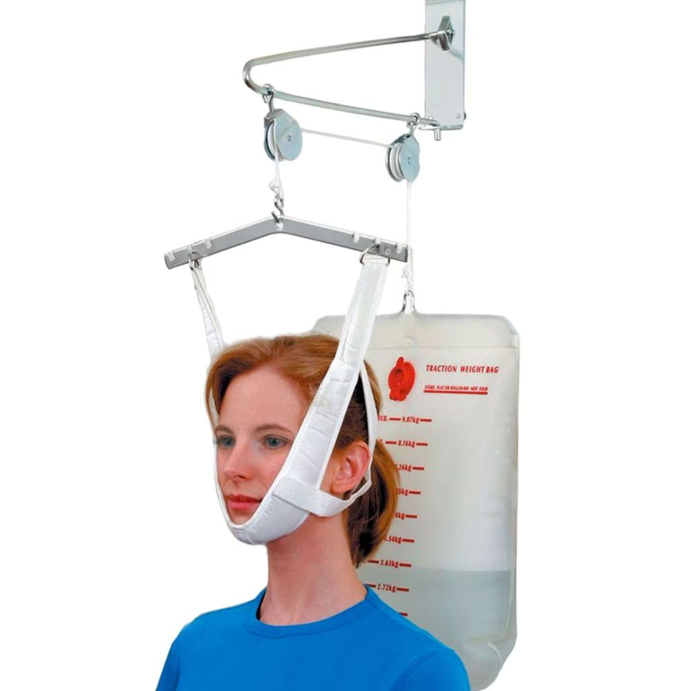 Person wearing a neck traction device with a weight bag on a white background
