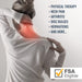 Person with neck pain holding shoulder, text about medical conditions, and FSA Eligible logo on a gray background