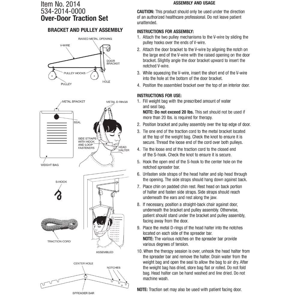 Instruction sheet for a 534-2014-0000 Overdoor Traction Set, showing assembly instructions, weight information, and labeled parts including the bracket, pulley assembly, metal bracket, weight bag, and spreader bar on a white background.