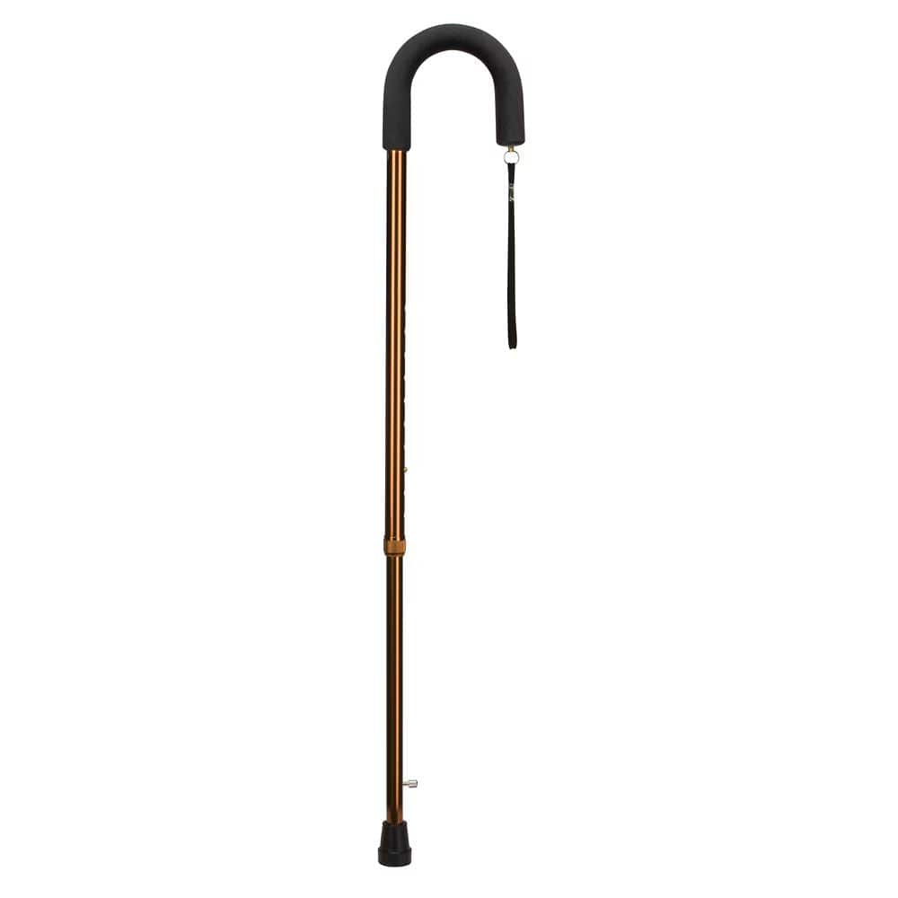 Black walking cane with a curved handle on a white background