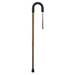 Black walking cane with a curved handle on a white background