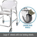 Bath chair with large 4-inch wheels and a close-up of locking rear wheel on a white background.