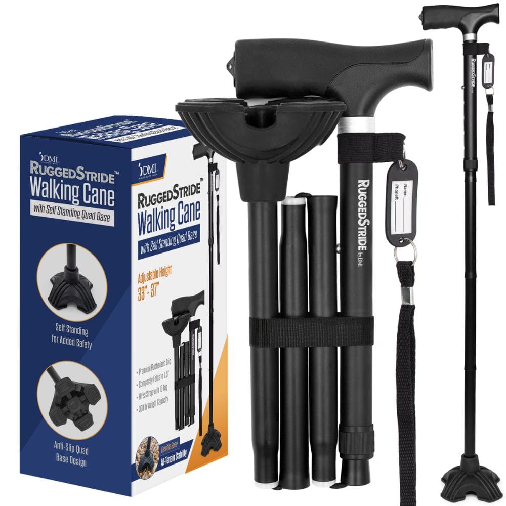 RuggedStride walking cane with adjustable base and packaging on a white background