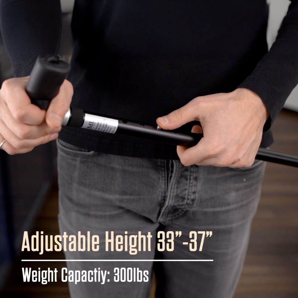 Person adjusting a belt with text indicating adjustable height and weight capacity.