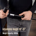 Person adjusting a belt with text indicating adjustable height and weight capacity.