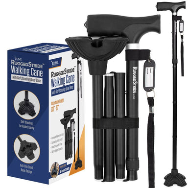 RuggedStride walking cane with adjustable base and packaging on a white background