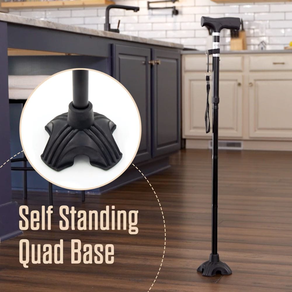 Walking cane with self-standing quad base feature in a kitchen setting