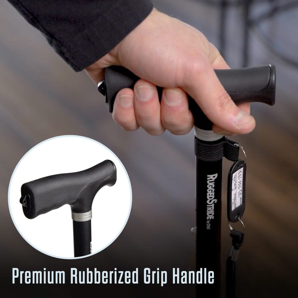 Hand holding a walking cane with a close-up of the premium rubberized grip handle on a blurred background.