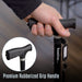 Hand holding a walking cane with a close-up of the premium rubberized grip handle on a blurred background.