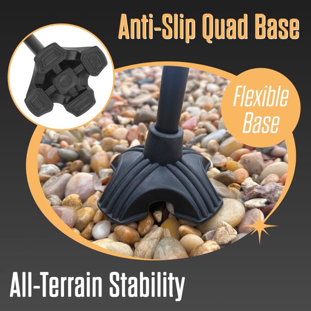 Anti-slip quad base with flexible design on a pebble background, labeled 'All-Terrain Stability'.