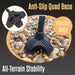 Anti-slip quad base with flexible design on a pebble background, labeled 'All-Terrain Stability'.