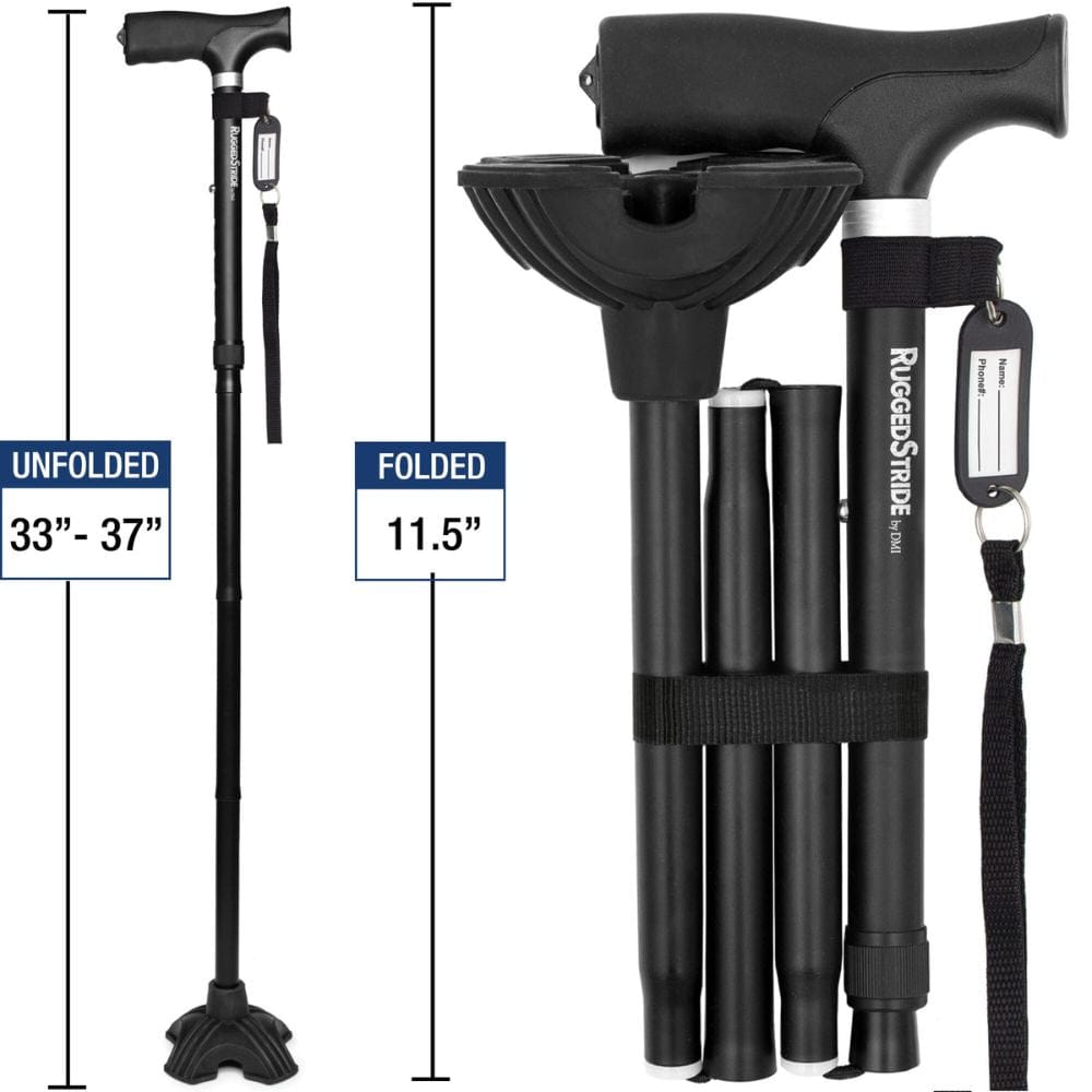Black folding walking stick with measurements labeled on a white background