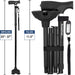 Black folding walking stick with measurements labeled on a white background