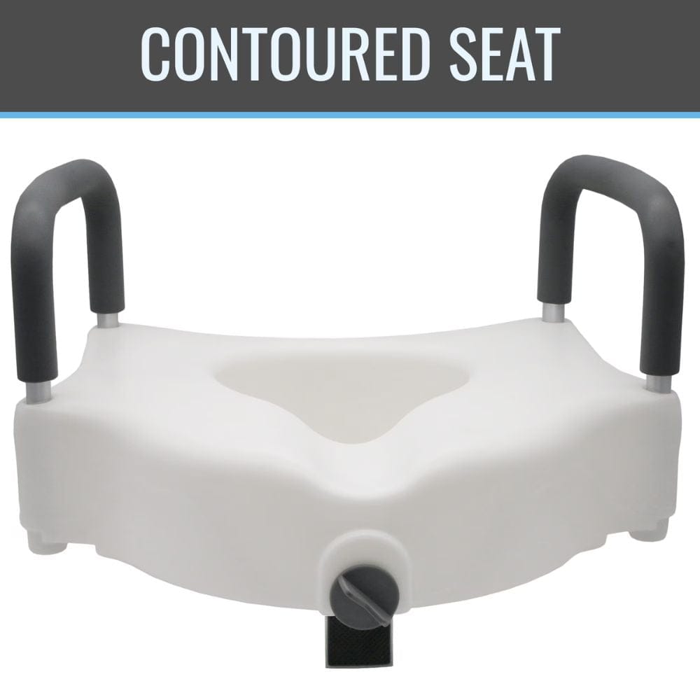 White contoured seat with black handles on a white background, labeled 'Contoured Seat'.
