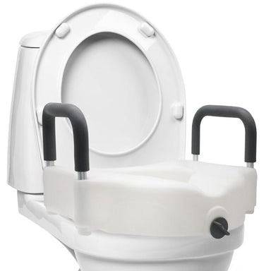 White toilet with a raised seat and black handles on a white background