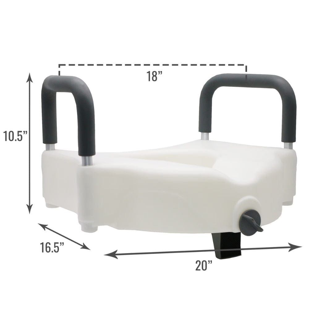 White plastic seat with black handles and dimensions labeled on a white background
