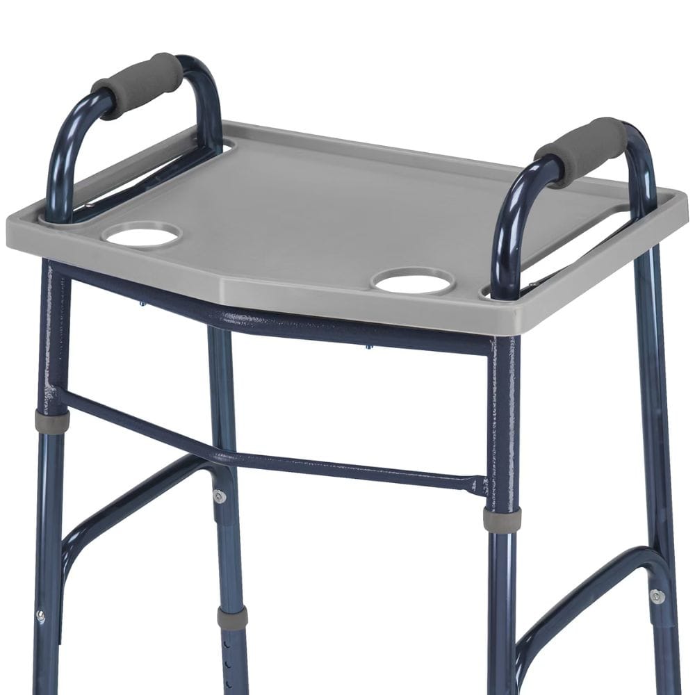 Gray stool with armrests and a metal frame on a white background