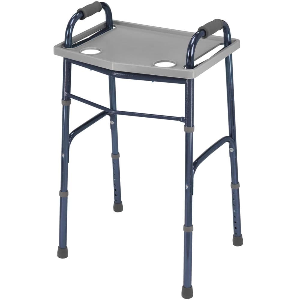Portable shower seat with blue frame and gray seat on a white background