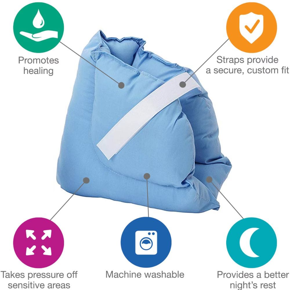 A light blue inflatable support pillow with a white strap, shown on a white background with feature callout icons and text around it, including 'Promotes healing,' 'Straps provide a secure, custom fit,' 'Takes pressure off sensitive areas,' 'Machine washable,' and 'Provides a better night's rest.'.