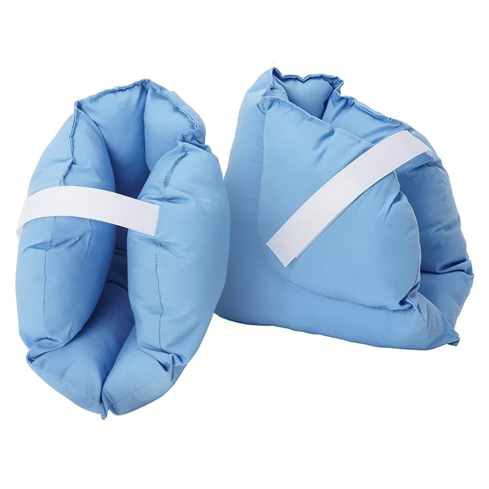 Pair of blue baby booties with white bands on a white background