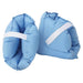 Pair of blue baby booties with white bands on a white background