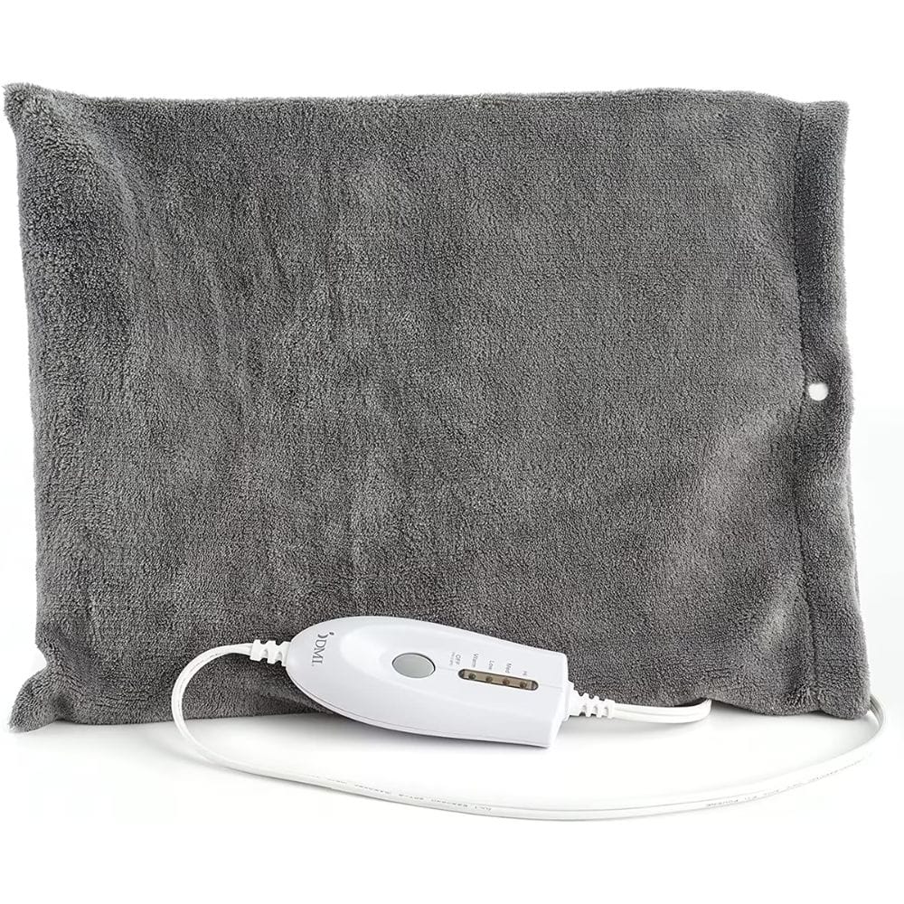 Gray heating pad with a white control unit on a white background