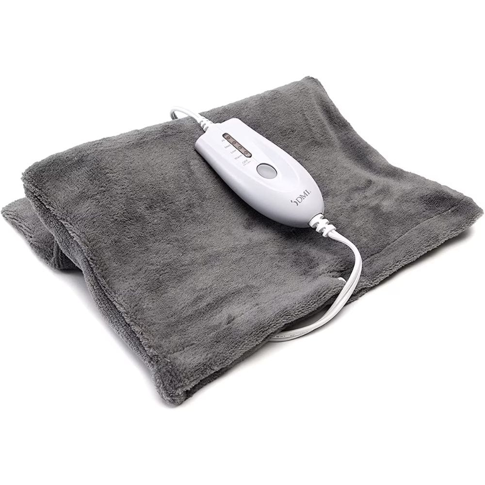 Gray heating pad with a white control unit on a white background