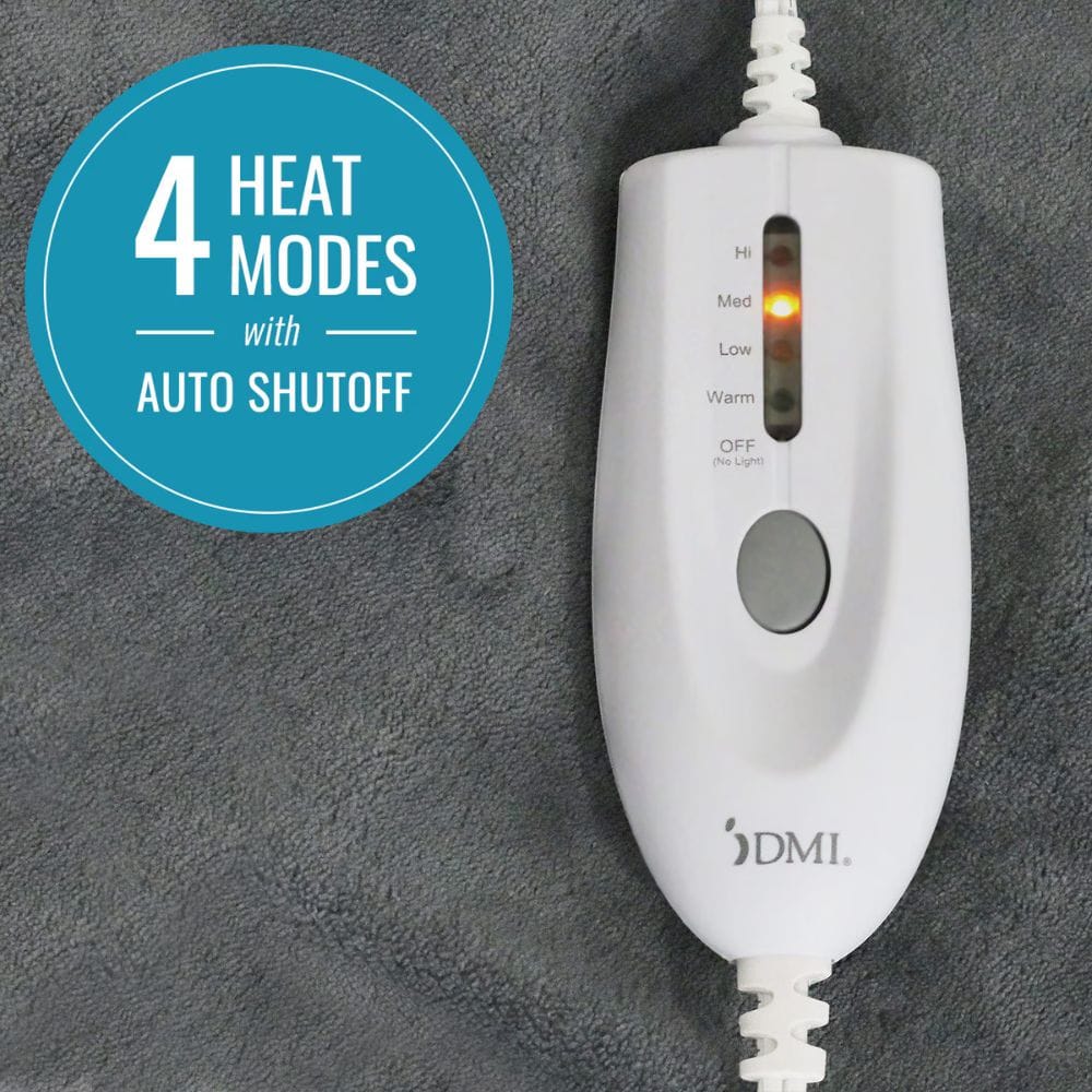 White electric heating pad with temperature control on a gray background, featuring DMI branding.