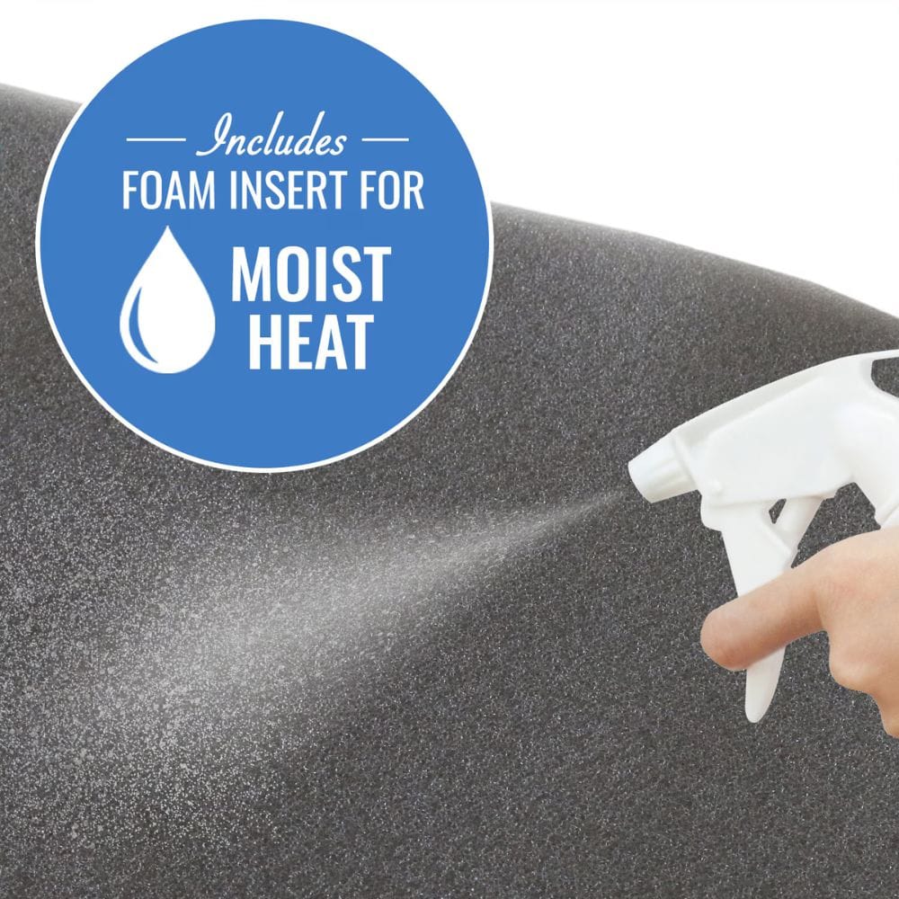 Hand using a spray bottle on a surface with a blue circle highlighting 'Foam Insert for Moist Heat'.