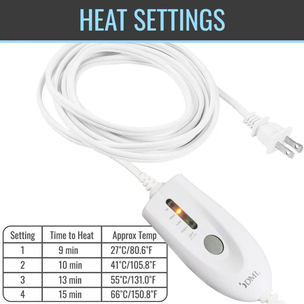 White electronic device with heat settings displayed on a white background