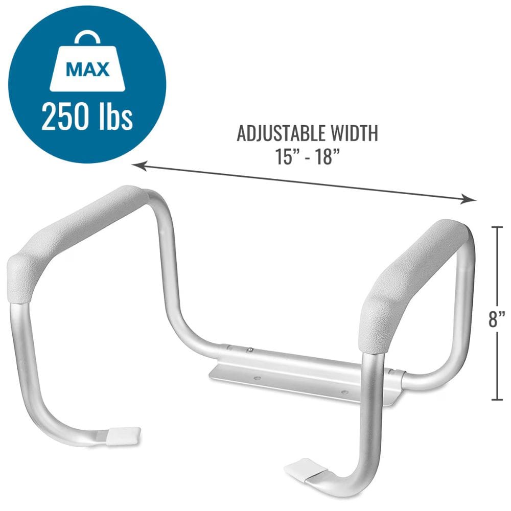 White metal grab bar with adjustable width and maximum weight capacity label on a white background