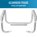 Aluminum frame with text 'Strong and Lightweight' on a blue background