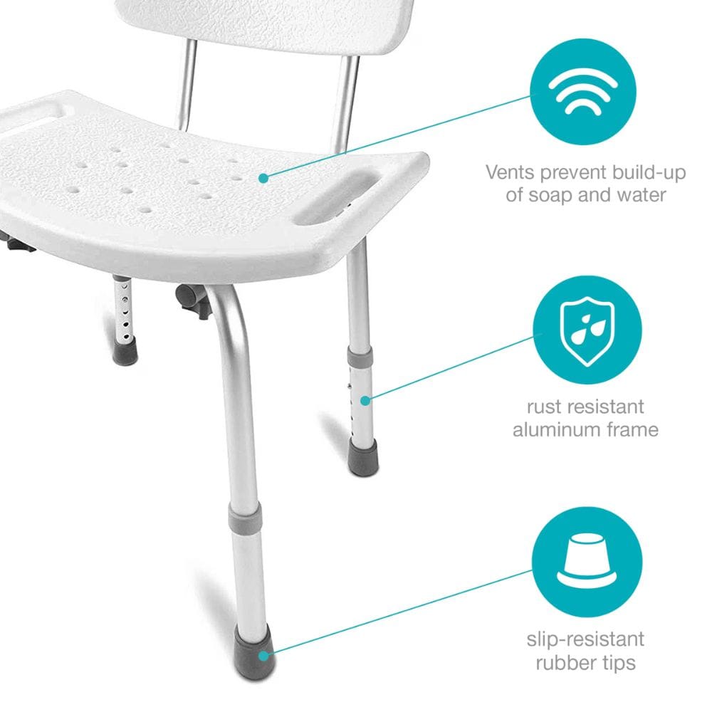 White shower bench with features highlighted on a white background