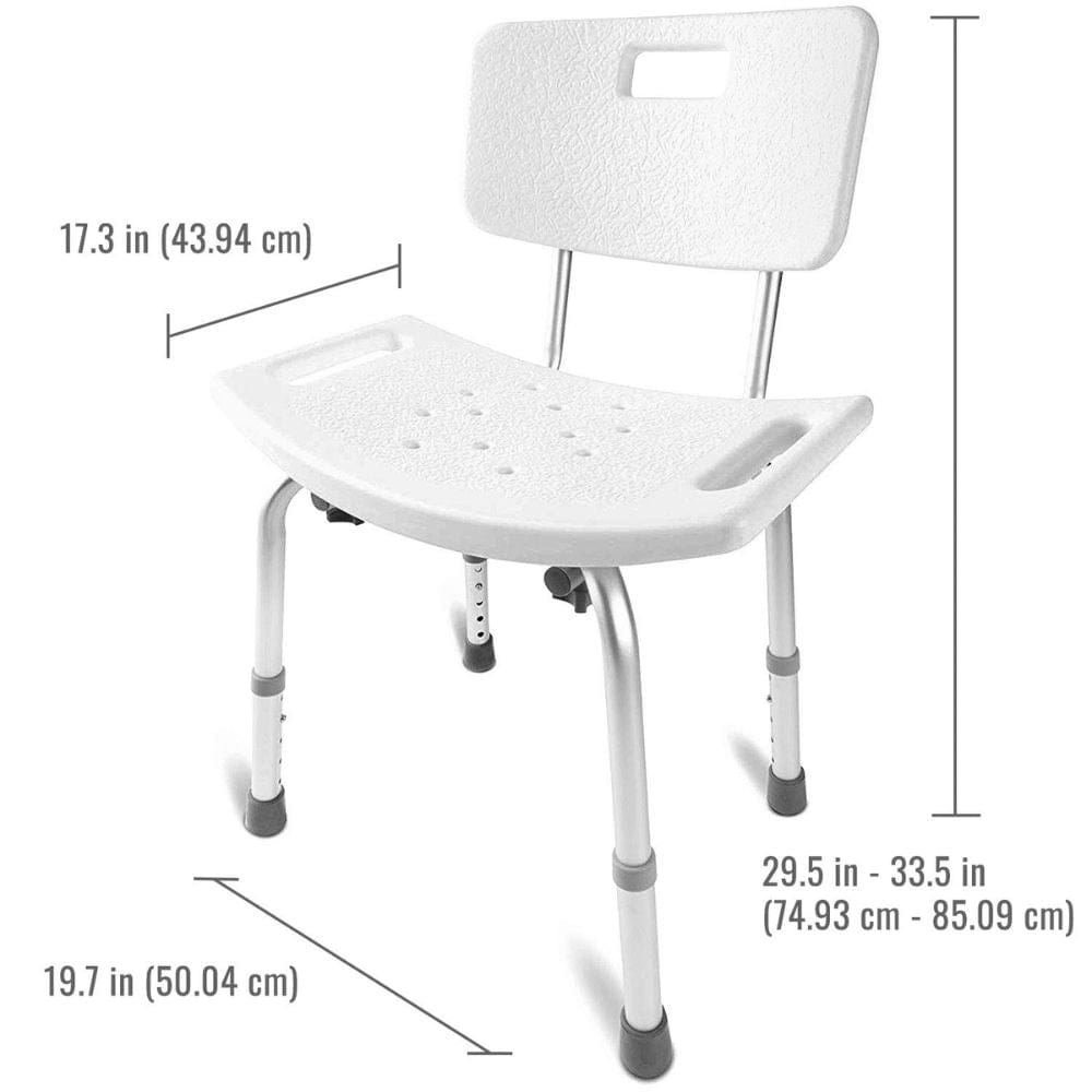 White shower bench with dimensions labeled on a white background