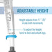 Adjustable height stand with text indicating adjustable range and adjustment method.