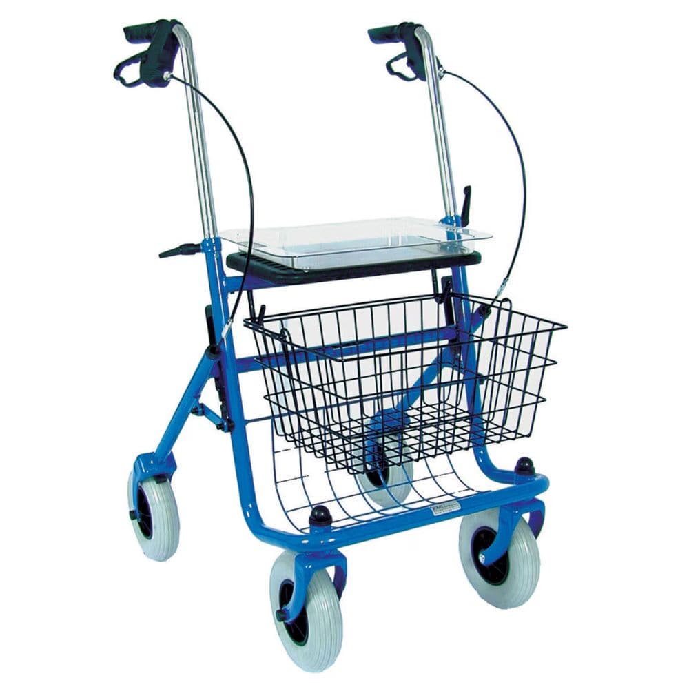 Blue shopping cart with basket and seat on a white background