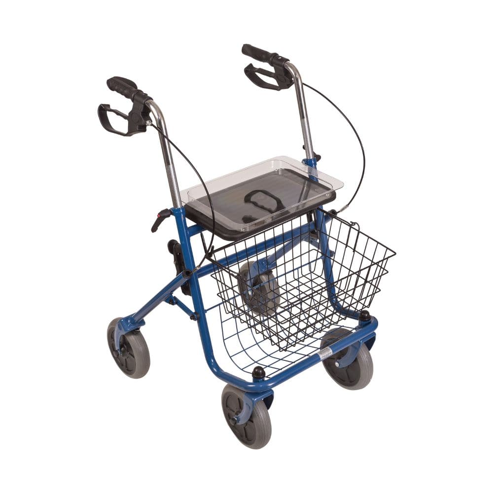Blue walker with basket and seat on a white background