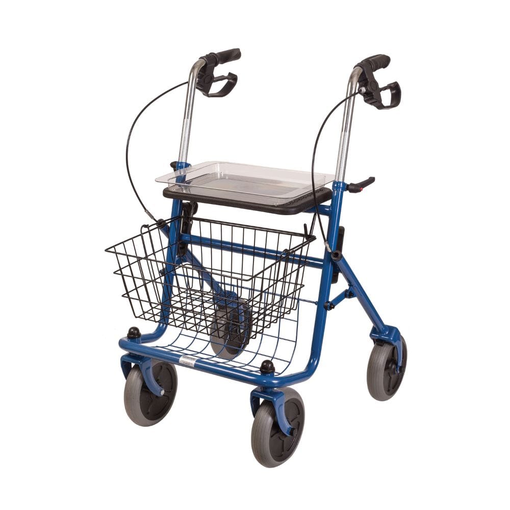 Blue walker with basket and tray on a white background