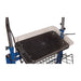 Black metal platform on a blue mechanical stand with a white background