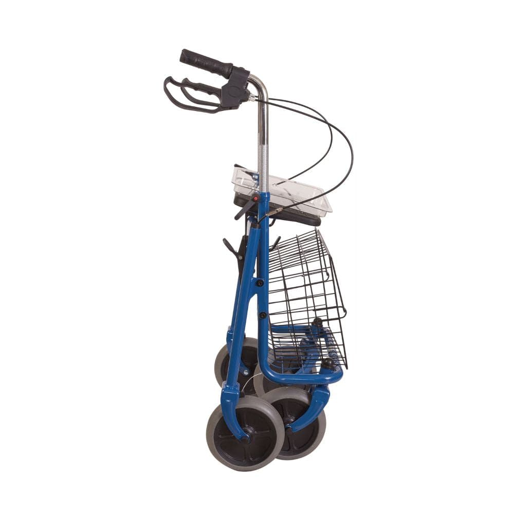 Blue shopping cart with a wire basket on a white background