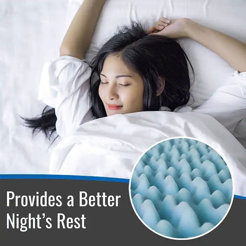 A woman lying in bed under white bedding, with a circular inset showing a close-up of a blue textured sleep cushion. Text at the bottom reads, 'Provides a Better Night’s Rest.