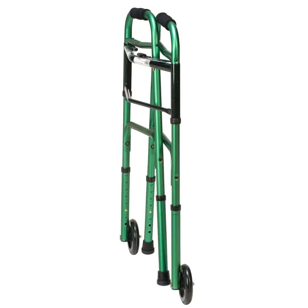 Green folding walker on a white background