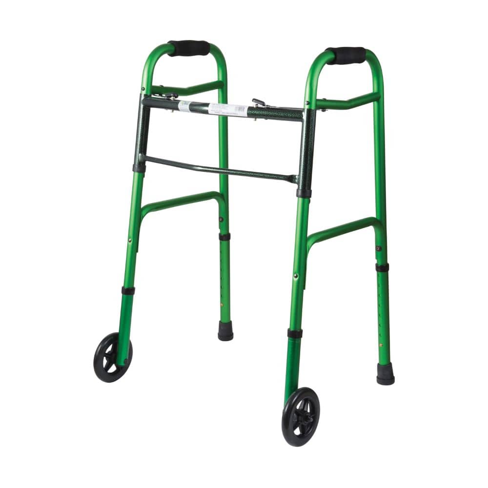Green walker with wheels on a white background